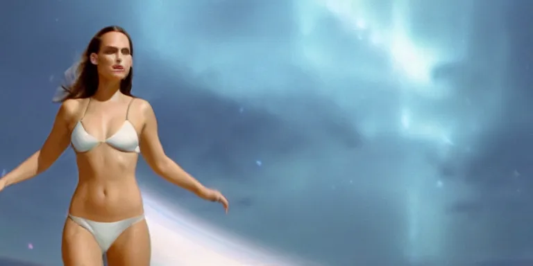 Image similar to film still of curvy natalie portman walking on an invisible bridge, similar to the bifrost, toward an endless abyss in space, wearing a white flowy bikini inspired by ancient roman clothing, beautiful astronomical background with galaxies and nebulas, lack of sunlight, darkness of space, focus on facial detail, 8 k resolution, cinematic lighting, anatomically correct, by christopher nolan