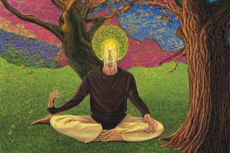 Prompt: a man meditating under a tree by alan davis and alex grey,