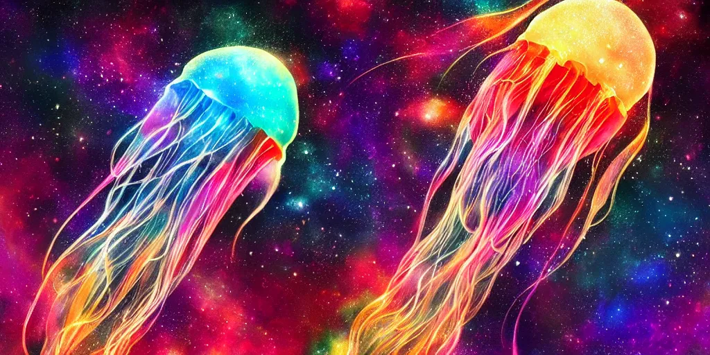 Image similar to Beautiful multi colored jellyfish in space, nebula, gorgeous, amazing, elegant, intricate, highly detailed, digital painting, artstation, concept art, sharp focus, illustration, art by Ross tran