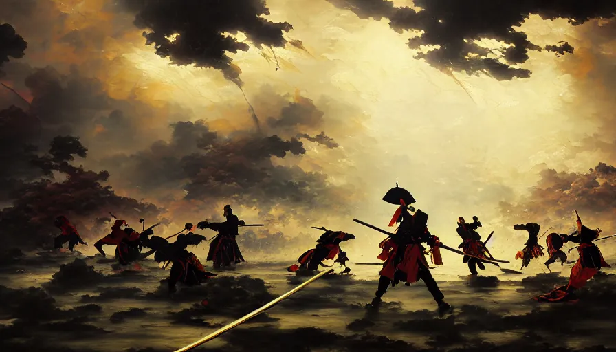Image similar to baroque oil painting of key visual large epic samurai battle, rain, brutalist fantasy, rule of thirds golden ratio, fake detail, trending pixiv fanbox, acrylic palette knife, style of makoto shinkai takashi takeuchi yoshiyuki sadamoto greg rutkowski chiho aoshima
