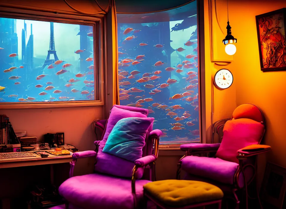 Image similar to telephoto 7 0 mm f / 2. 8 iso 2 0 0 photograph depicting the feeling of chrysalism in a cosy cluttered french sci - fi ( art nouveau ) cyberpunk apartment in a pastel dreamstate art cinema style. ( aquarium, computer screens, window ( city ), leds, lamp, desk ( ( ( armchair ) ) ) ), ambient light.