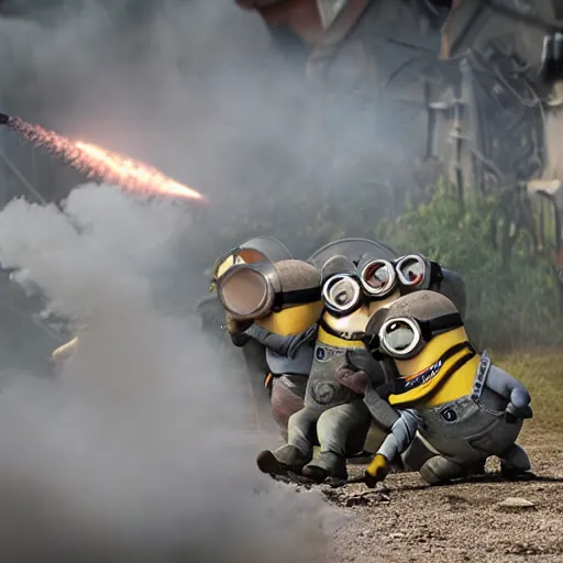 Prompt: minions firing a 8 5 mm mortar, debris and dirt flying, smoke, war photography