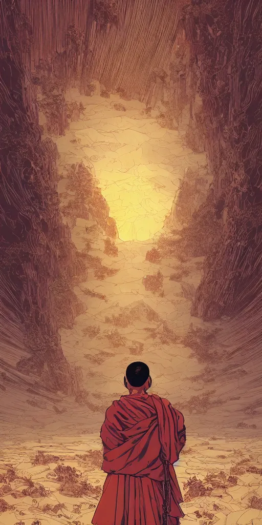 Image similar to portrait of the back of a monk, standing, Borderlands and by Feng Zhu and Loish and Laurie Greasley, Victo Ngai, Andreas Rocha, John Harris