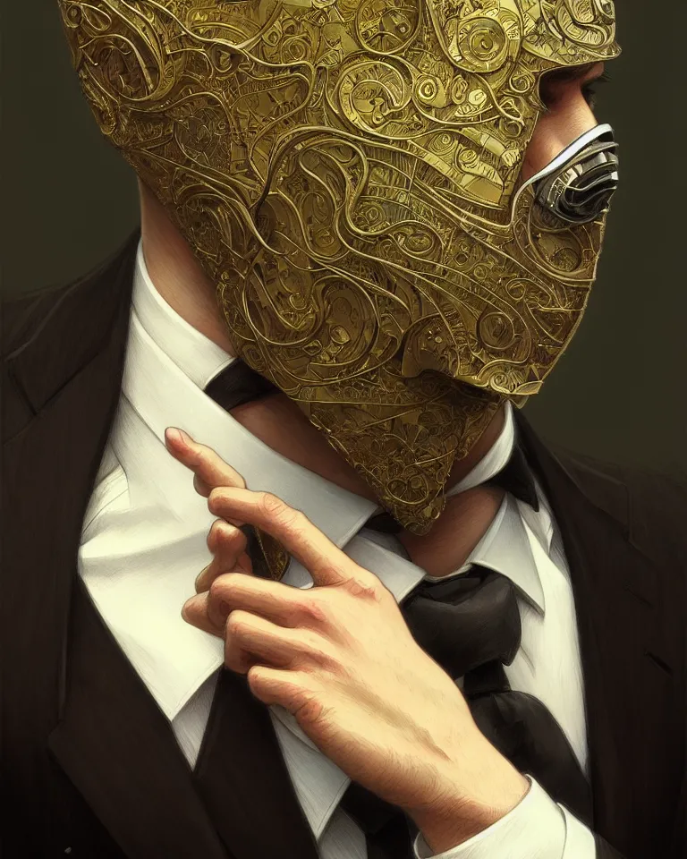 Image similar to ultra realistic illustration, a male with fabric mask, suit and tie, intricate, elegant, highly detailed, digital painting, artstation, concept art, smooth, sharp focus, illustration, art by artgerm and greg rutkowski and alphonse mucha