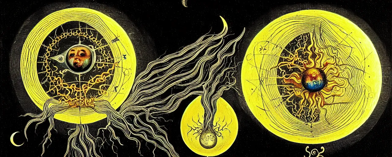 Image similar to a strange alchemical creature with a mouth of gold radiates a unique canto'as above so below'to the moon, while being ignited by the spirit of haeckel and robert fludd, breakthrough is iminent, glory be to the magic within, in honor of saturn, painted by ronny khalil