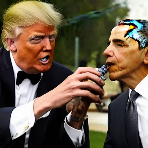Prompt: barrack obama passing a bong to Donald trump