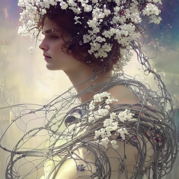 Image similar to hyperrealist portrait of a 2 0 4 4 space sport engineer, it is decorated with long wires and white flowers that fall like vines and wears a huge computer crown. by jeremy mann and alphonse mucha, fantasy art, photo realistic, dynamic lighting, artstation, poster, volumetric lighting, very detailed faces, 8 k, award winning