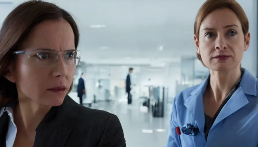 Prompt: big budget action movie about female scientist confronts male ceo about robot photographs