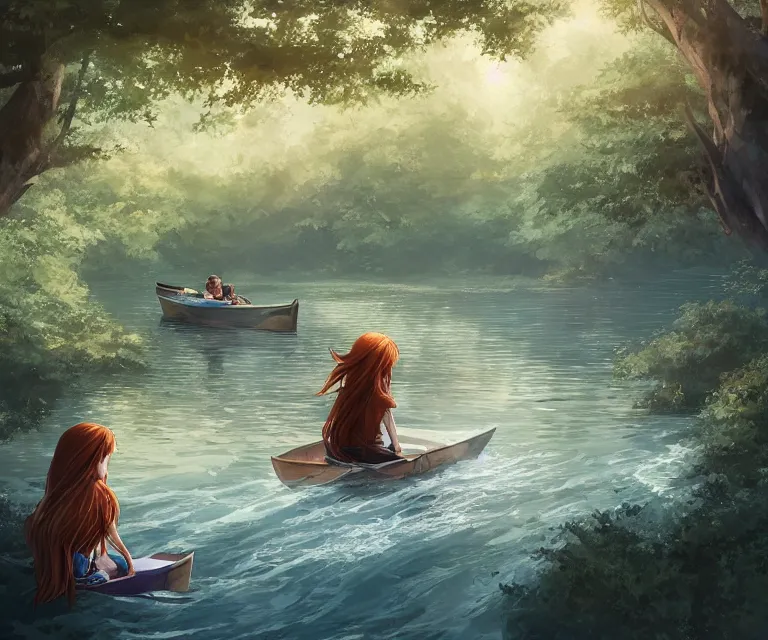 Prompt: a girl with long, flowing auburn hair, and a boy with short hair sitting together in a small wooden paddle boat sailing down a narrow river in a forest, rocky shore, trees, shady, blue waters, ripples, waves, reflections, details, sharp focus, illustration, by Jordan Grimmer and greg rutkowski, Trending artstation, pixiv, digital art