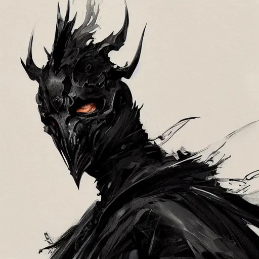 Image similar to full body portrait of a character wearing a black cloak, with a white mask in the shape of an animal skull, the mask covers her entire face, dramatic lighting, illustration by Greg rutkowski, yoji shinkawa, 4k, digital art, concept art, trending on artstation