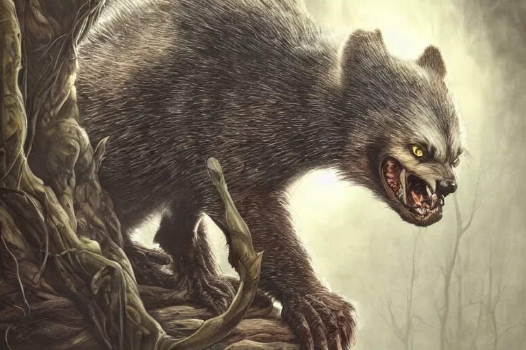 Prompt: cursed angry wolverine animal in woodland, orthodox, art by franklin booth, by lise deharme, very detailed, trending on artstation, hyperrealism