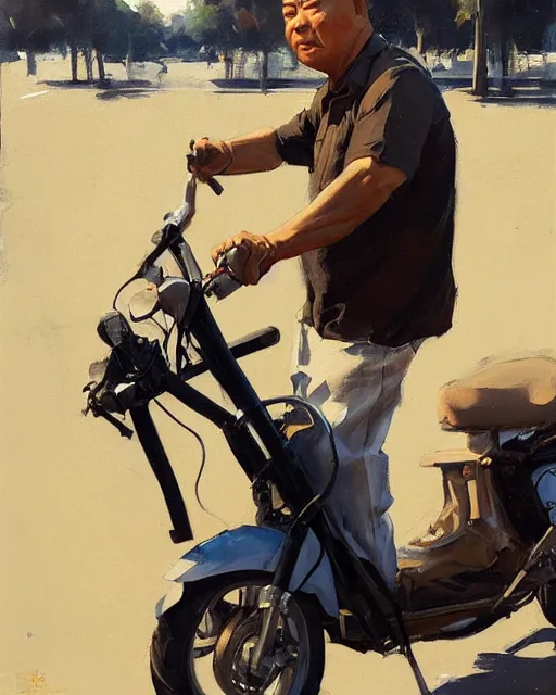 Image similar to greg manchess portrait painting of asian middle age man on moped motorbike burning, medium shot, asymmetrical, profile picture, organic painting, sunny day, matte painting, bold shapes, hard edges, street art, trending on artstation, by huang guangjian and ail elvgren and sachin teng