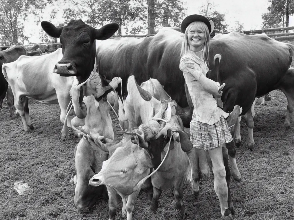 Image similar to happy finnish girl milking a cow and smiling to the camera, 1 9 6 6, home album pocket camera photo, detailed facial features, hyper realistic