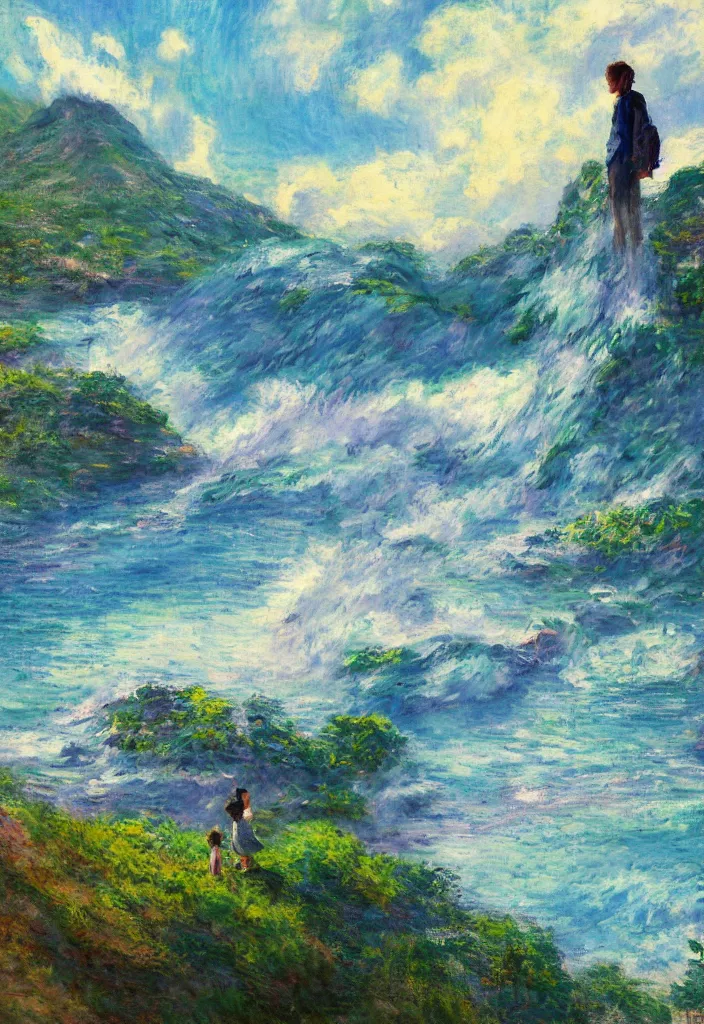 Image similar to tiny king in front of a japanese city in the mountain surrounded by waterfall. cyberpunk, boats flying. beautiful blue sky. gorgeous epic nature, lofi, vivid colors, amazing light, by jeremy lipkin, by claude monet, heavily inspired by makoto shinkai, inspired by ghibli, masterpiece, multiple brush strokes, impressionist style