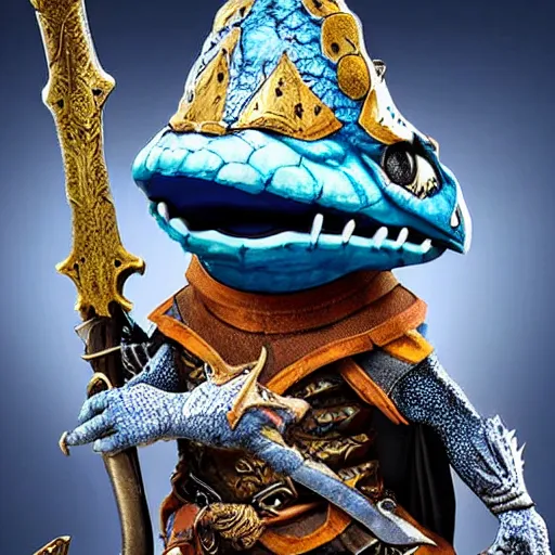 Image similar to a blue lizard warrior who is wearing a silly hat, highly detailed, fantasy, dnd, wearing armor, holding a sword