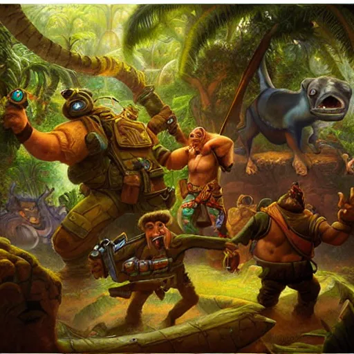 Image similar to laser fight in the jungle, oil painting by justin gerard