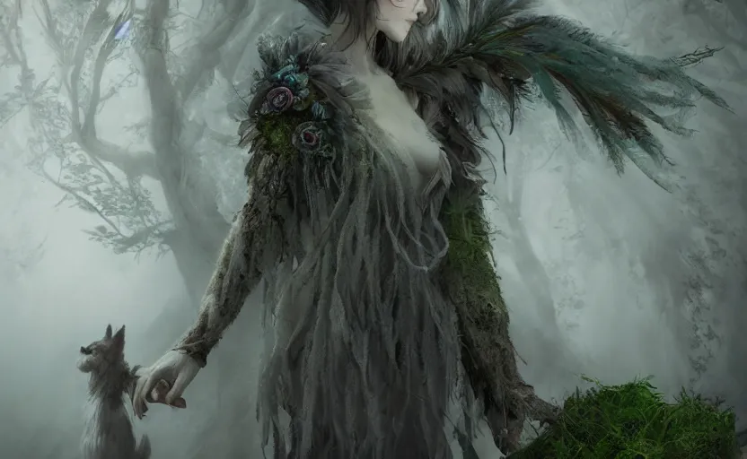 Prompt: a female spectral figure with leaves and feathers twisted in their hair is coming out of the fog with their pack of wolves and magic moss is growing on her clothes, a spectacular intricate moody concept art painting, cgsociety, vray