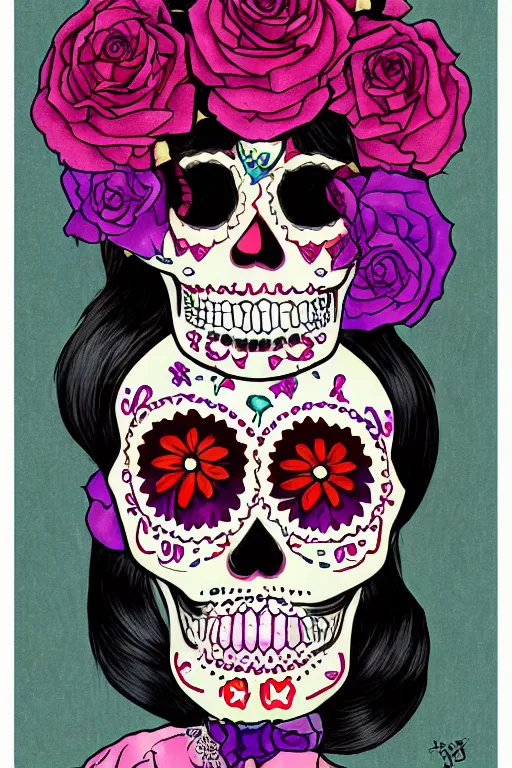 Image similar to Illustration of a sugar skull day of the dead girl, art by Tsuguharu Fujita