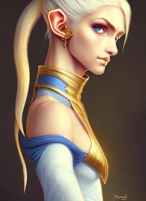 Image similar to bust portait of beautiful elf lady, white skin, blue eyes, golden hair, single long tied ponytail, serious look, sleeveless turtle neck sweater, earrings, highly detailed, high fantasy, smooth, sharp focus, digital illustration, by rossdraws, frank franzzeta, artgerm