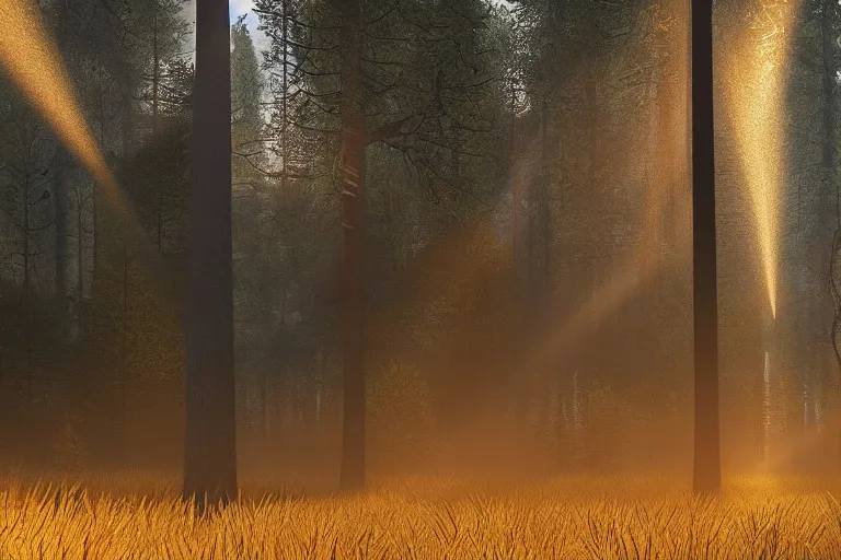 Image similar to glowing doors of a bunker in a forest, sunset, light fog, strong sunbeams are breaking through the tall trees, 4k, ultra details, cinematic, epic style, beautiful photo, hyper realistic, octane render, unreal engine, award winning, on artstation, volumetric lightning, masterpiece, golden hour,