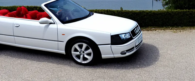 Prompt: Casablanca White Audi A4 B6 Avant Convertible (2002), soft top roof raised, red interior, created by Barclay Shaw