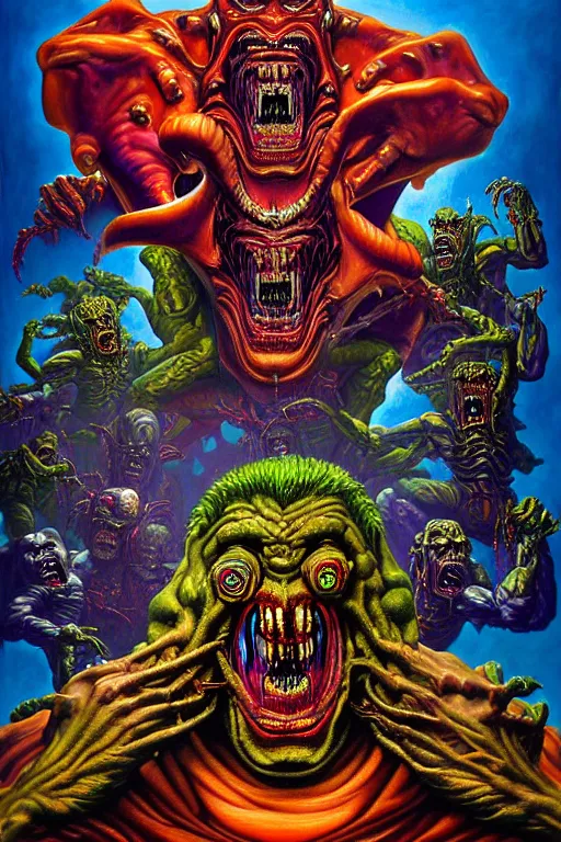 Image similar to a hyperrealistic painting of an epic boss fight against an ornate supreme dark mutant overlord, cinematic horror by chris cunningham, lisa frank, richard corben, highly detailed, vivid color,