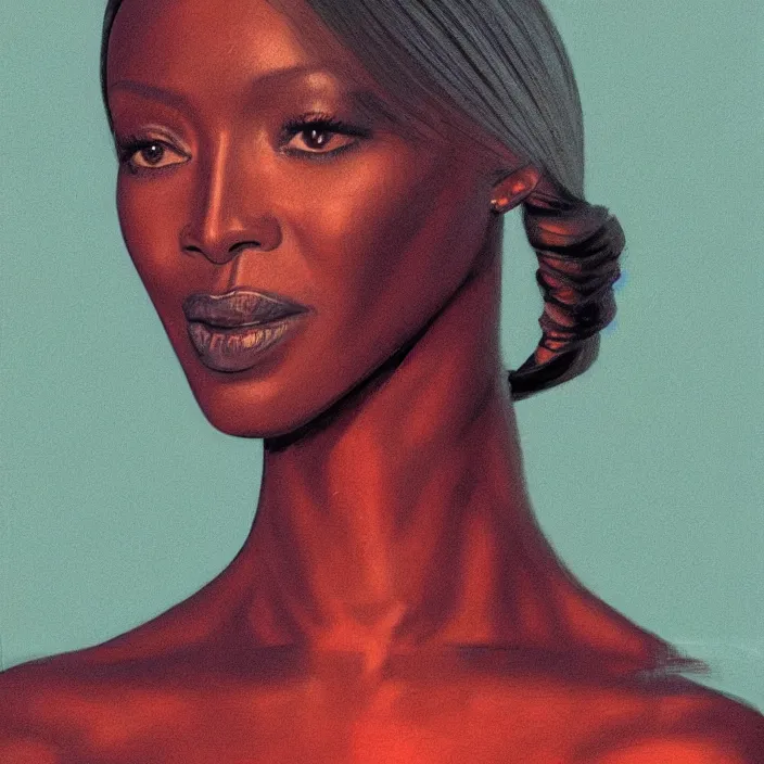 Image similar to Naomi Campbell by Lynette Yiadom-Boakye. details, smooth, sharp focus, illustration, realistic, cinematic, artstation, award winning, rgb , unreal engine, octane render, cinematic light, macro, depth of field, blur, red light and clouds from the back, highly detailed epic cinematic concept art CG render made in Maya, Blender and Photoshop, octane render, excellent composition, dynamic dramatic cinematic lighting, aesthetic, very inspirational, arthouse.