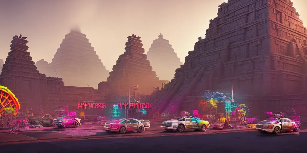 Image similar to hyperrealistic matte painting of aztec temples in a future environment with flying cars, mechanical features and neon, graffiti, scaffolding, smog, destruction by filip hodas, beeple, 4 k, trending on cgsociety