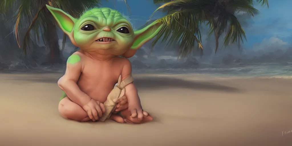 Image similar to Baby Yoda chillin on a beach, waves coming up onto the shore, palm trees swaying in the wind, hyperdetailed, artstation, cgsociety, 8k