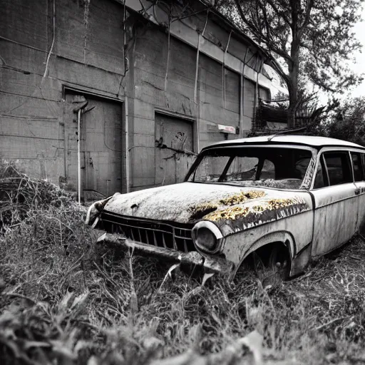 Prompt: ( rusty ) car in an abandoned lot