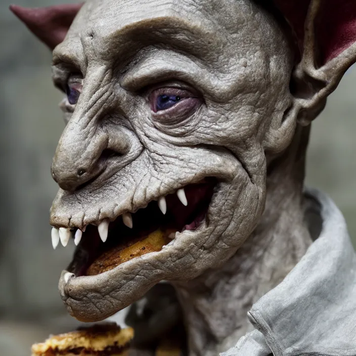 Image similar to closeup profile face portrait of a medieval goblin eating cakes in the cloisters, depth of field, zeiss lens, detailed, symmetrical, centered, fashion photoshoot, by annie leibovitz and steve mccurry, david lazar, jimmy nelsson, breathtaking, 8 k resolution, extremely detailed, beautiful, establishing shot, artistic, hyperrealistic, beautiful face, octane render