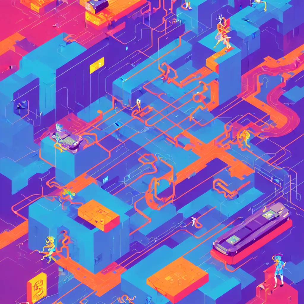 Image similar to an illustration of a micro-service deployed to a datacenter, architecture, symbol, road, connector, defence, wall, cloud, security, cyber, attack vector, trending on Artstation, painting by Jules Julien, Leslie David and Lisa Frank and Peter Mohrbacher and Alena Aenami and Dave LaChapelle muted colors with minimalism