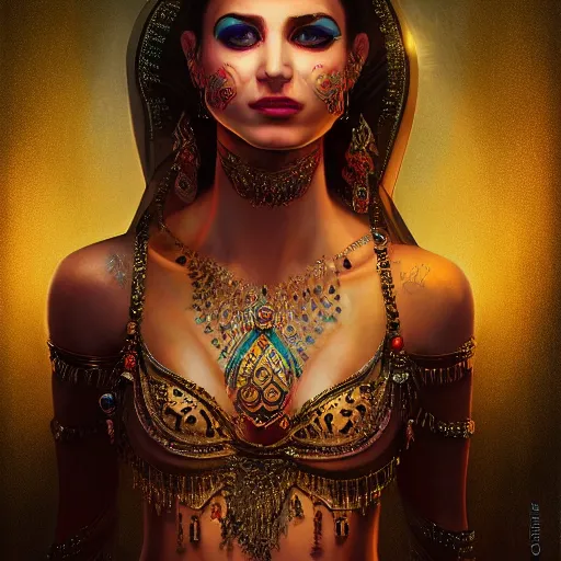 Prompt: photo of a beautiful female bellydancer, sharp focus, illustration, ultra real, masterpiece, glowing holy aura by magali villeneuve and stanley artgerm lau, wlop in the style of 1 3 ghosts