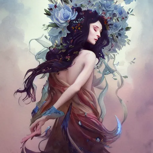 Image similar to full body portrait, long shot, of a beautiful goddess, sworming in flowers, magical, pale skin, blue eyes, long black hair, floating in a misty daze, by pete mohrbacher and greg rutkowski, watercolor painting,q deviantart, pinterest