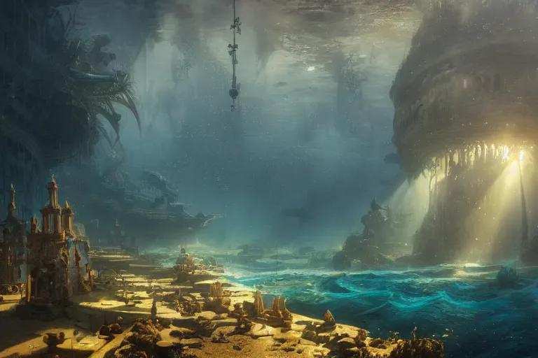 Prompt: a scenic landscaping view of the lost and abandoned city of Atlantic under water, ray of sunlight, mermaids in distance, Greg Rutkowski, Moebius, Mohrbacher, Mucha, blue and gold color scheme, ultra wide angle, light effect