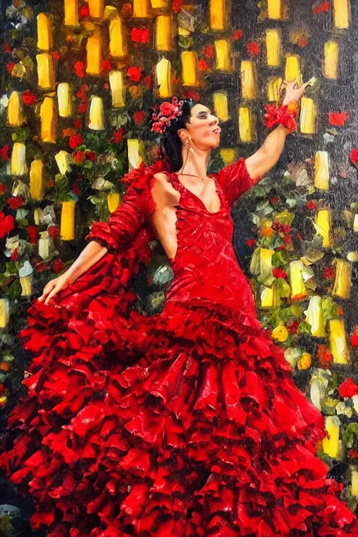 Image similar to oil painting of spanish flamenco dancer in mallorca wearing a red dress made of flowers, dimly lit by candles on the ground, photo realistic, extreme detail skin, no filter, slr, 4 k, high definition