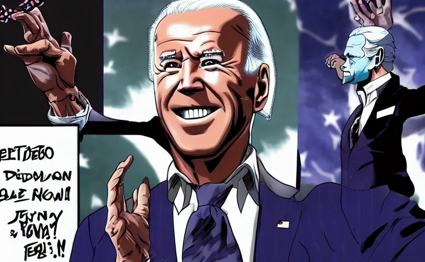 Image similar to Joe Biden in the style of JoJo's Bizarre Adventure