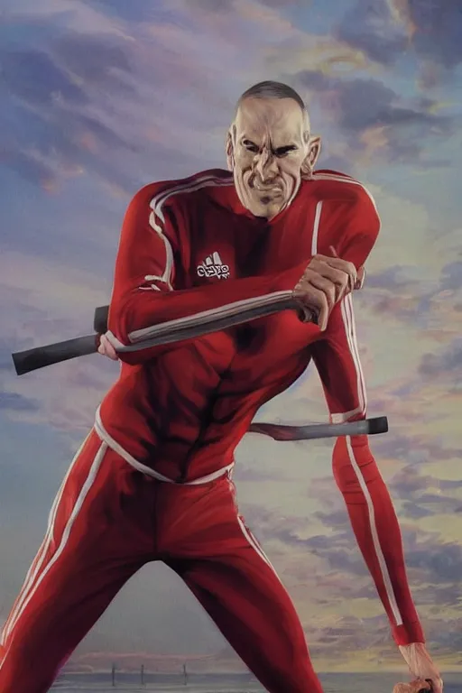 Image similar to zoomed out view of a very skinny white man super villain that wears a red adidas track suit and wields two oars as weapons, comic book art by artgerm and alex ross, featured on artstation, cgsociety