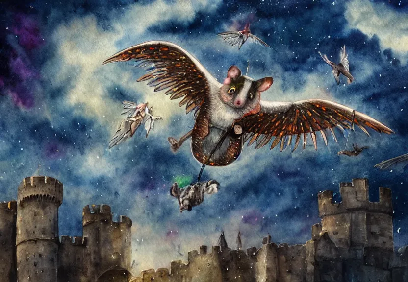 Image similar to legendary colorful winged possum flying over a medieval castle under a dark starred sky, dark fantasy, watercolor, dreaming illusion, highly detailed, 4k, trending on Artstation, award-winning