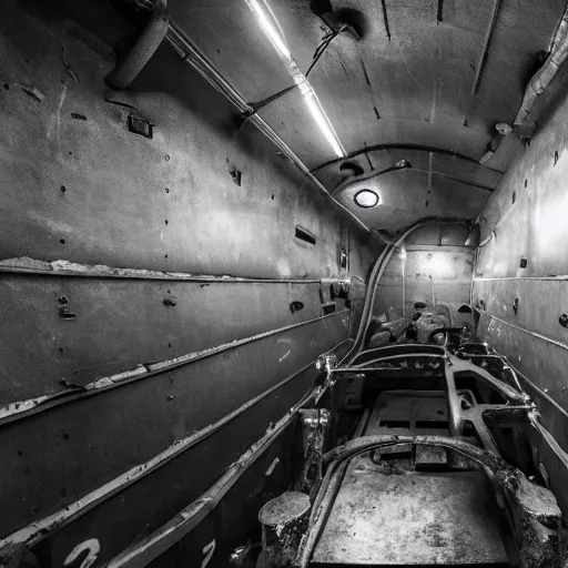 Image similar to year 1930, inside an empty ussr submarine, foggy and dark with littles light beams coming from many holes, in metal walls, photorealism 8k, cinematic, high details, neat