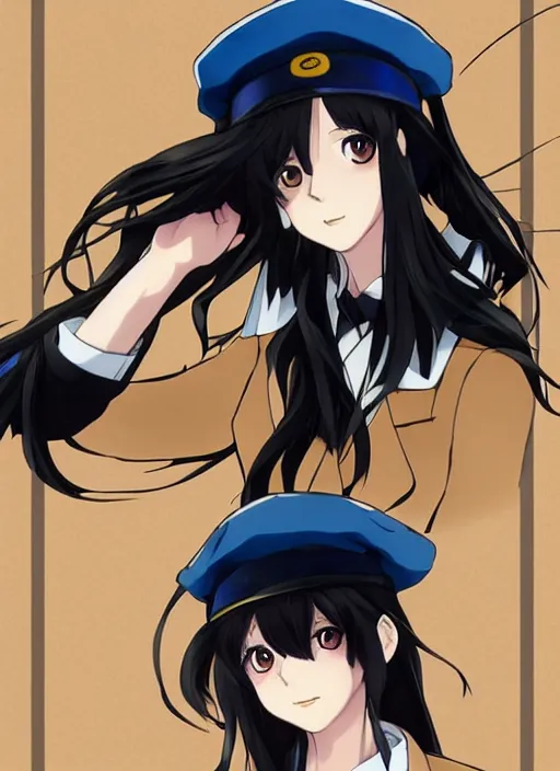 Image similar to key anime visual of a beautiful girl wearing a beige beret and blue shirt; long black hair; anime; drawn by Shigenori Soejima; 3 tone colors