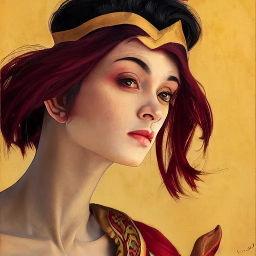 Image similar to a beautiful and androgynous half - elf with dark skin tone and messy short red hair dressed in a colorful jodhpuri suit, dnd character, golden aura, realistic portrait by ross tran and gerald brom and kehinde wiley and fernando amorsolo and alphonse mucha, trending on artstation