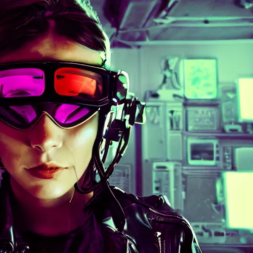 Prompt: damaged polaroid!! photo! of female cyberpunk, wearing futuristic goggles, leather jacket, cyborg! photorealistic, hyper real, 8 k, high details, wires cybernetic implants, machine noir grimcore in cyberspace photoreal, atmospheric