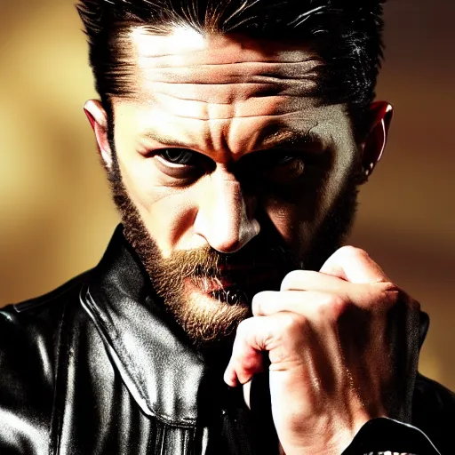 Image similar to Tom Hardy as wolverine in Black Damaged leather suit Digital art 4K quality Photorealism