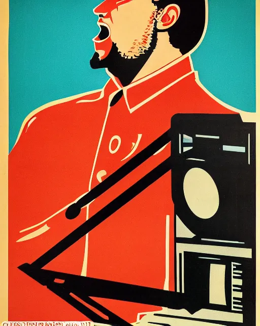 Image similar to soviet propaganda poster of an angry communist developer yelling at his computer