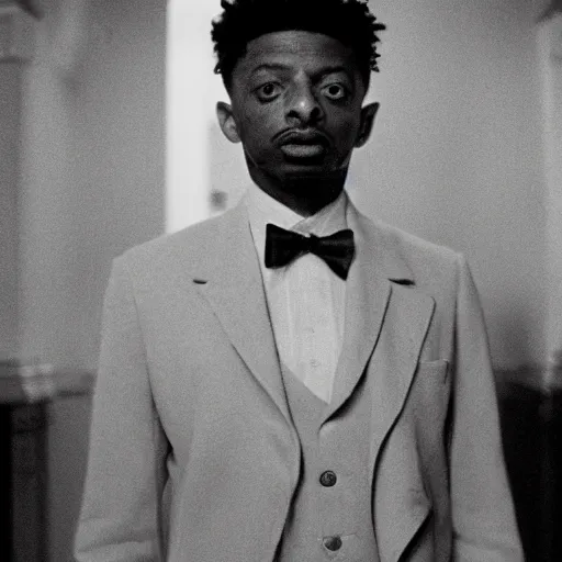 Image similar to vintage noir film still of rapper 21 Savage starring in a Horror film in the style of Wes Craven, shallow depth of field, 1933