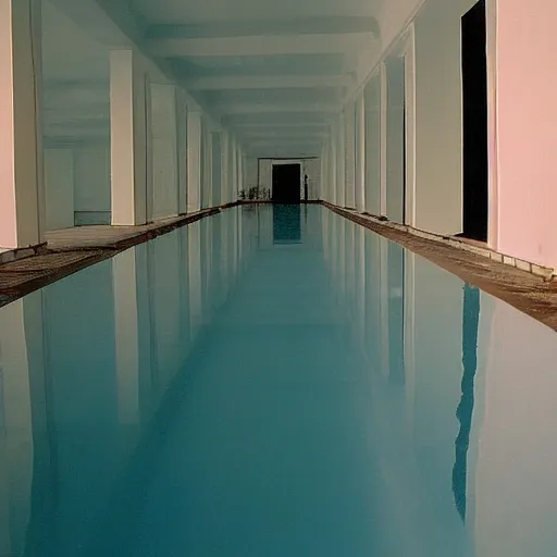 Prompt: Beautiful cameraphone 2005 soft liminal Photograph of an infinite hallway pool