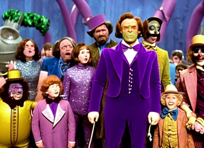 Image similar to film still of thanos as willy wonka in willy wonka and the chocolate factory 1 9 7 1