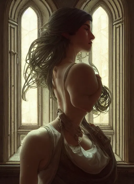 Image similar to perfectly - centered - portrait of a beautiful lady inside abandoned asylum, light comes from the window, intricate, highly detailed, digital painting, artstation, concept art, smooth, sharp focus, illustration, unreal engine 5, 8 k, art by artgerm and greg rutkowski and alphonse mucha