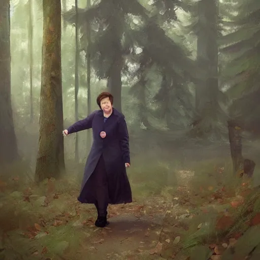 Prompt: supreme court justice elena kagan going for a walk in the woods, digital art by ruan jia and mandy jurgens and artgerm, highly detailed, trending on artstation, award winning